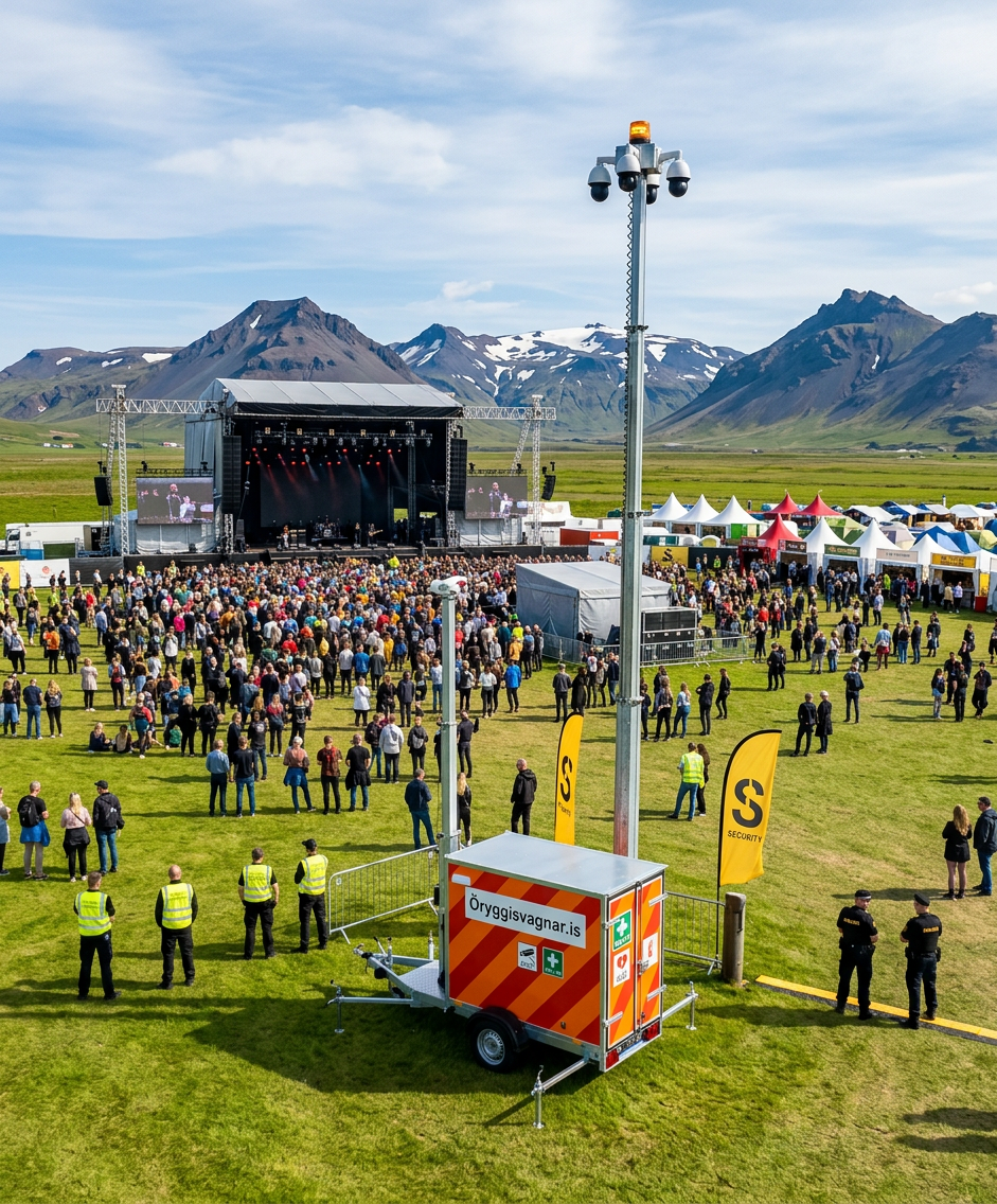 firefly gemini flash summer music festival in iceland, daytime. a yellow‑accented mobile security trailer 85571